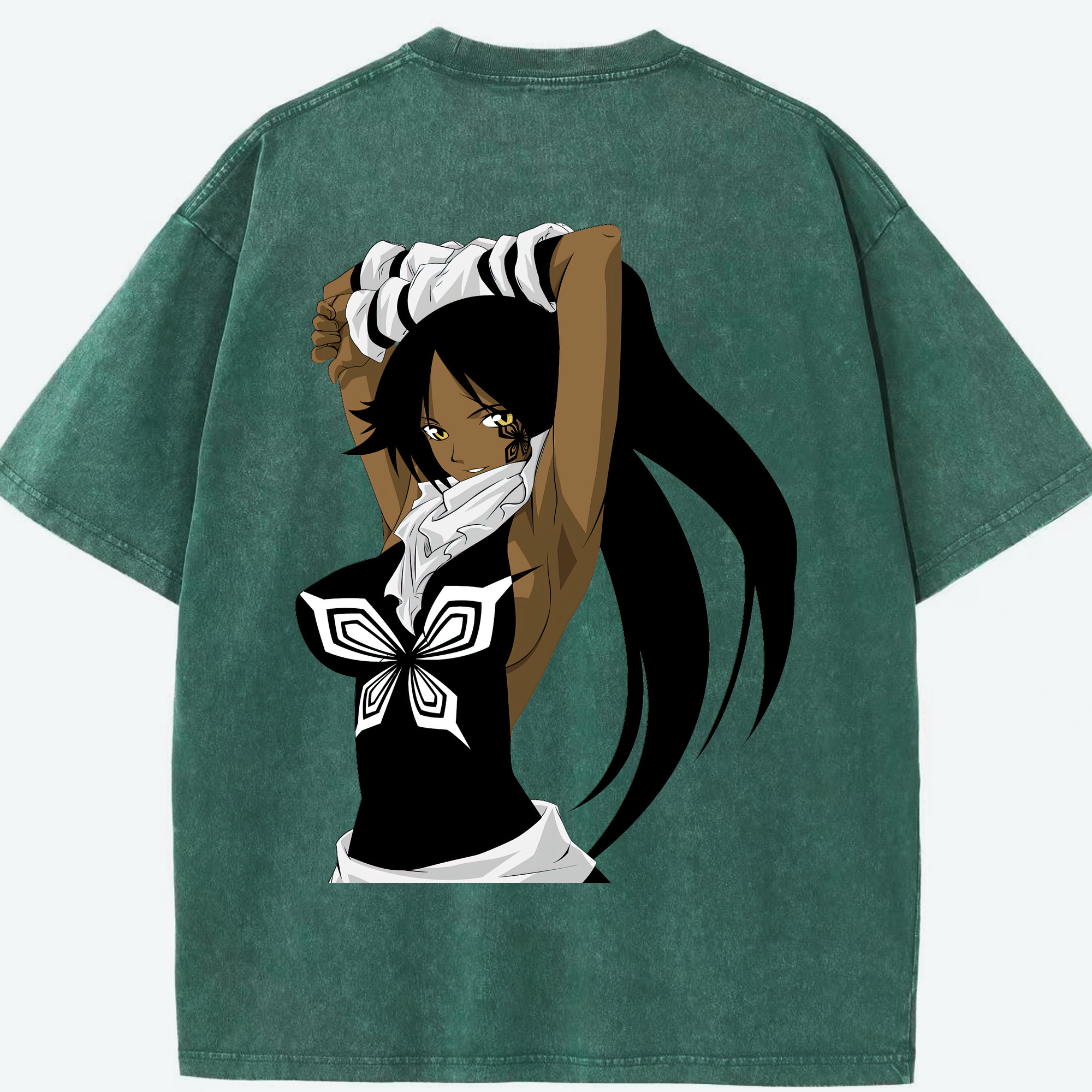 （画像用） ブリーチ 四楓院 夜一（しほういん よるいち） BLEACH Shihouin Yoruichi 綿100% ヴィンテージ風 半袖Tシャツ（背面プリント）